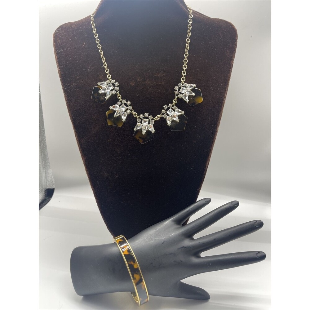 J Crew Tortoise Gold Rhinestone Statement Necklace & Matching Bangle Bracelet